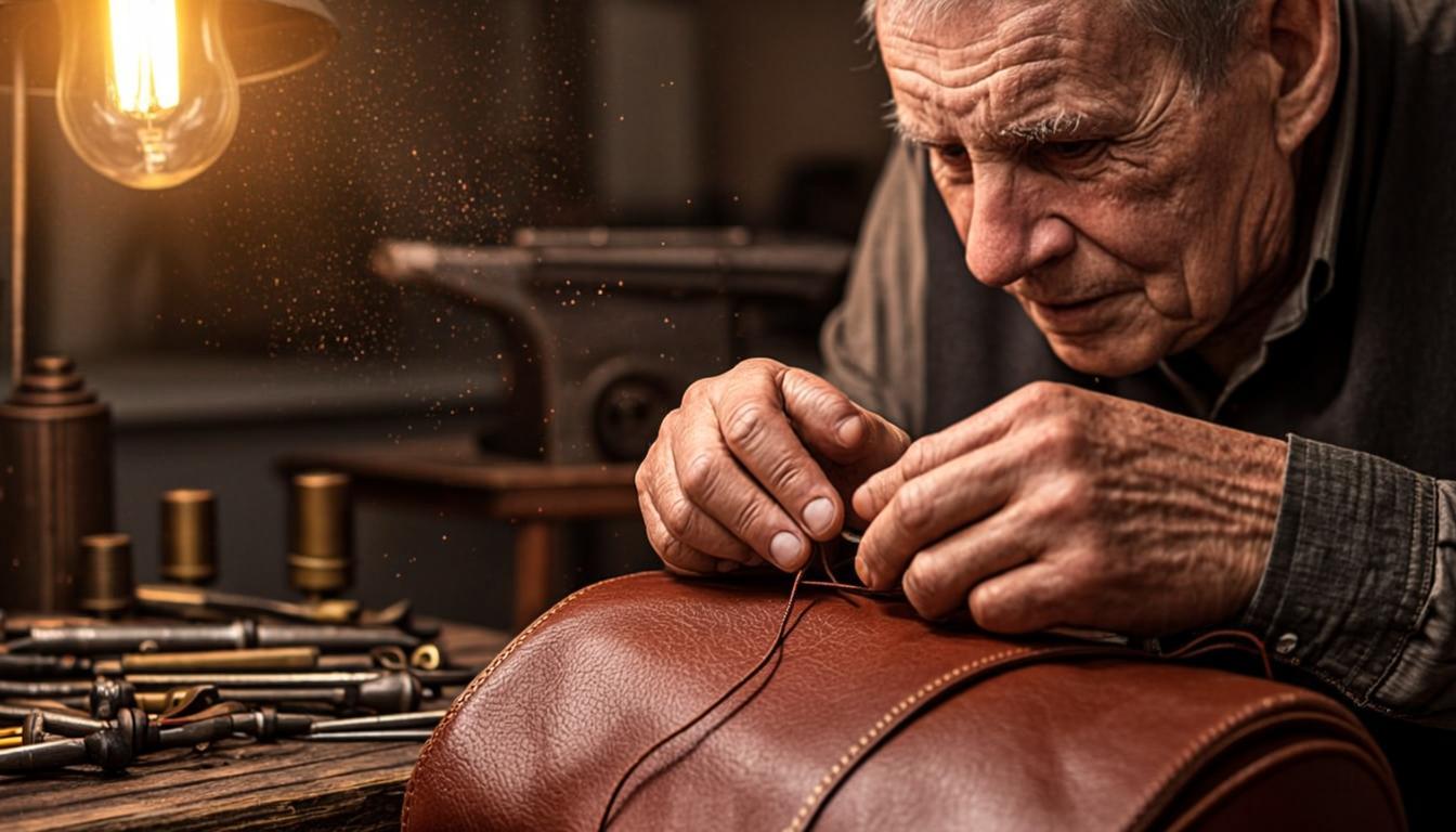 Mains d'artisan cousant le cuir