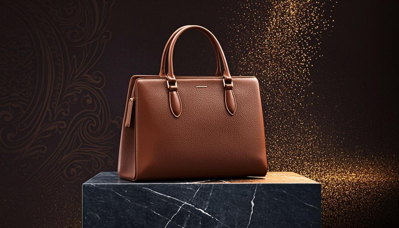 Atelier de cuir MATAR — sac cognac sur piédestal de marbre noir